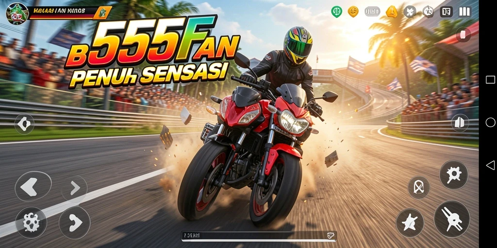 Tampilan gameplay seru dalam 555F saat balapan motor.