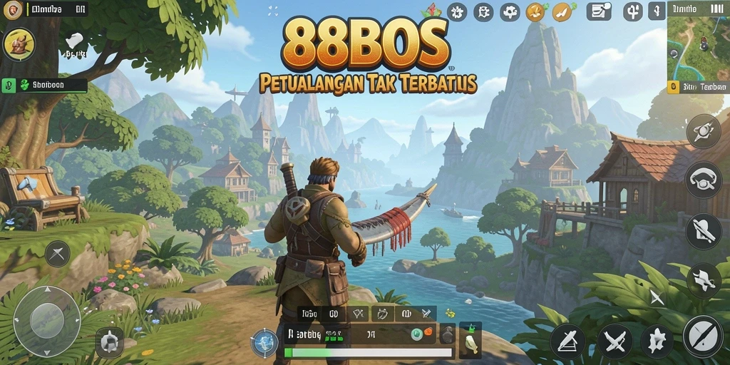 Screenshot gameplay 88BOS menunjukkan petualangan di dunia terbuka yang luas.