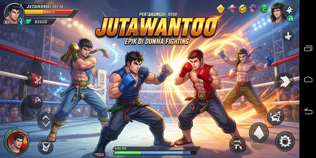 Tampilan gameplay action-packed di arena pertarungan JUTAWANTOTO.