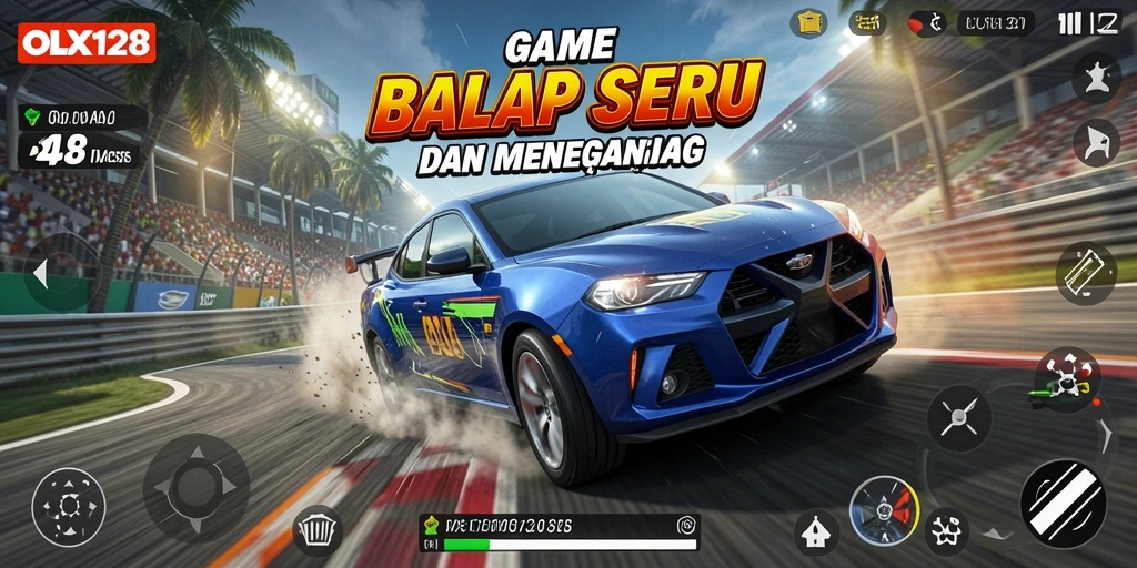 Gameplay seru OLX128 dengan balapan menegangkan di lintasan.