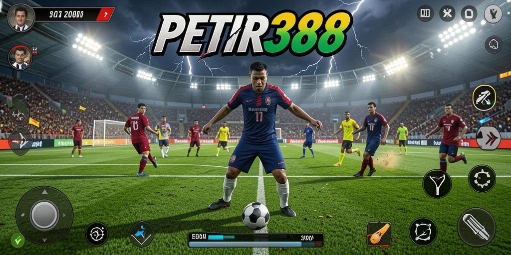 Tangkapan layar gameplay PETIR388 menampilkan aksi sepak bola yang mendebarkan.