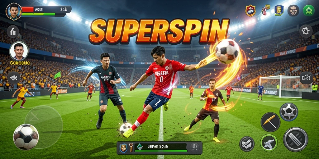 Tampilan gameplay seru di lapangan sepak bola dari SUPERSPIN.