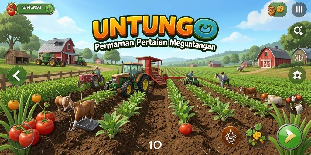 Screenshot utama UNTUNGGO menampilkan aktivitas seru dalam bertani.